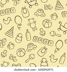 Baby. Newborn. Cute seamless pattern in doodle and cartoon style. Outline. Vector. EPS 8