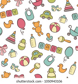 Baby. Newborn. Cute seamless pattern in doodle and cartoon style. Colorful. Vector. EPS 8