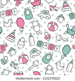 Baby. Newborn. Cute seamless pattern in doodle and cartoon style. Blue and pink. Vector. EPS 8