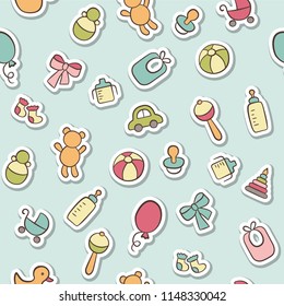 Baby. Newborn. Cute seamless pattern in doodle and cartoon style. Vector background for printing, banner, photo album and other
