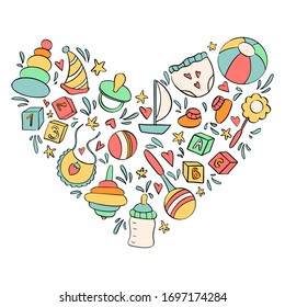 Baby and newborn doodle heart shaped illustration. Birthday party or baby shower card template.