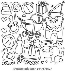 Baby and newborn doodle for icon, banner. Cartoon sketch style doodle with baby girl and boy toy, food, ball, balloon, moon, star, milk bottle, birthday elements. hand drawn and Vector illustration