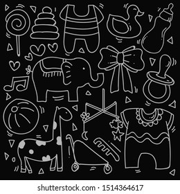 Baby and newborn doodle for icon, banner. Cartoon sketch style doodle with baby girl and boy toy, food, ball, balloon, moon, star, milk bottle, birthday elements. hand drawn and Vector illustration