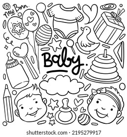 El garabato del bebé y del recién nacido para un icono, un cartel. Dibujo de dibujos animados estilo doodle con juguete para niñas y niños, comida, pelota, globo, luna, estrella, botella de leche, elementos de cumpleaños. ilustración a mano y vectorial