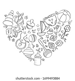 Baby and newborn doodle illustration. Birthday party or baby shower card template.