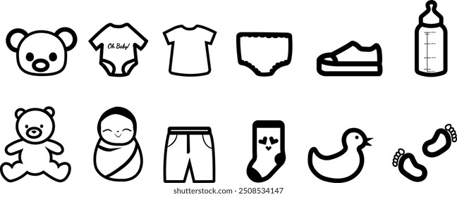  Baby and newborn doodle set. icons: thin vector icon set, black and white kit. Kids outfit and supplies hand drawn outline doodle icon set for print, web, mobile and infographics. Vector illustration