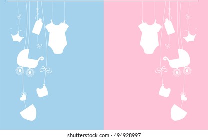 Baby newborn hanging baby boy baby girl symbols illustration pink, blue vector illustration