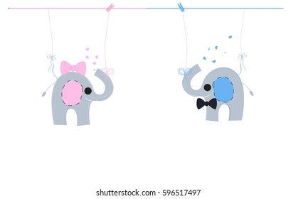 Baby newborn hanging baby boy baby girl symbols with cute pink blue elephants