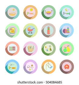 Baby and newborn icons in flat stile. Vector set. Outline web icon set. Baby toys, feeding and care.