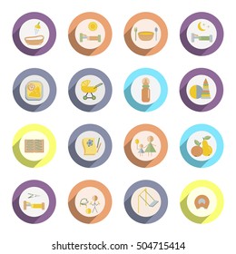 Baby and newborn icons in flat stile. Vector set. Outline web icon set. Baby toys, feeding and care.