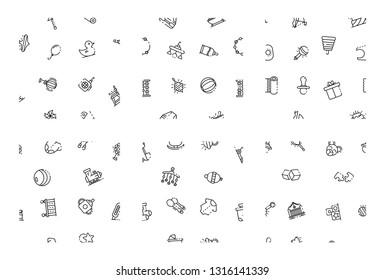 Baby newborn items pattern set. Outline set of baby newborn items vector pattern for web design isolated on white background
