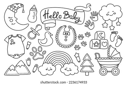 El niño recién nacido presenta un conjunto de doodles lineales. Kit de línea de libro de texto de memoria infantil para el cumpleaños. Símbolo infantil y colección de accesorios de iconos. Decoración dibujada a mano adorable luna de arco iris, nube, pezón, huella