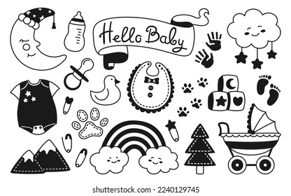 Neugeborene haben ein lineares Briefmarkensatz. Geburtstag Kindespeicher-Scrapbook-Kit. Kindersymbol und Icon Accessoire Kollektion. Handgezeichnete Dekoration süßer Regenbogenmond, Wolke, Nippel, Fußabdruck