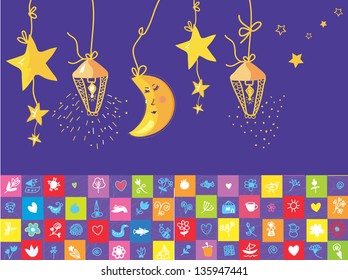 Baby night banner with star, moon, funny objects