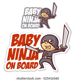 Baby Ninja on Board Sticker Set Vector Illustration