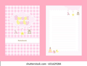 Baby notebook template in soft pink colors for a baby girl notes, cover and page design.