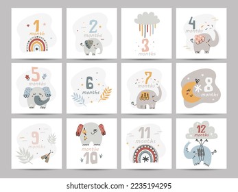 Baby number cards for newborns. Prints featuring cute elephants by month. Printable cards templates.