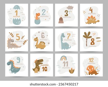 Baby number cards for newborns. Prints featuring cute dinosaurs by month. Printable cards templates.