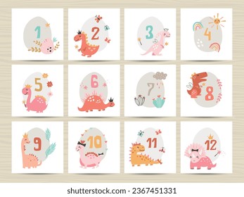 Baby number cards for newborns. Prints featuring cute dinosaurs by month. Printable cards templates.