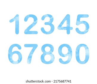 Baby numbers watercolor blue sky set vector illustration. Digits, collection of figures. Paint splash for boy design. Cute funny tender isolated icons