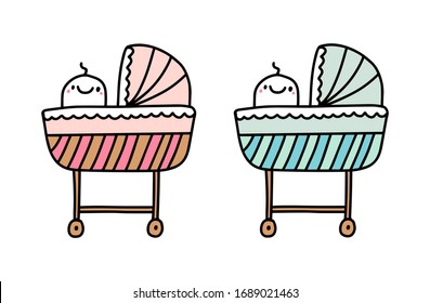 Baby nursery cot newborn furniture boy girl hand drawn vector illustration in cartoon comic style print poster card banner