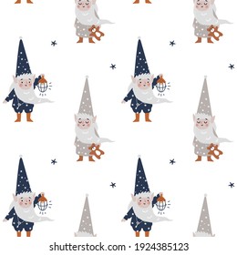 Baby nursery decor, seamless vector pattern. Little gnome textile design. Magic good night story illustration.