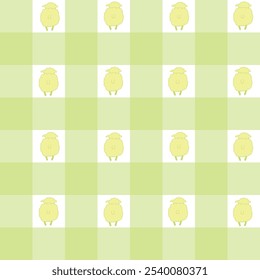 A Baby Nursery Design of Fluffy Yellow Sheep on Pastel Lime Green and White Plaid creating a seamless pattern print background