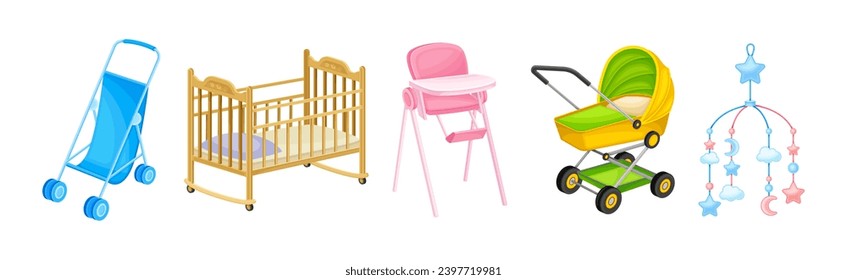 Baby Nursery and Infant Objects with Baby Carriage, Chair and Crib Vector Set
