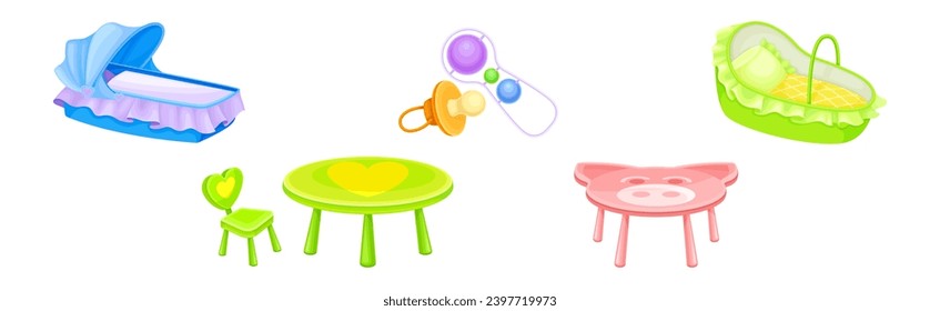 Baby Nursery and Infant Objects with Cradle, Table and Rattle Vector Set