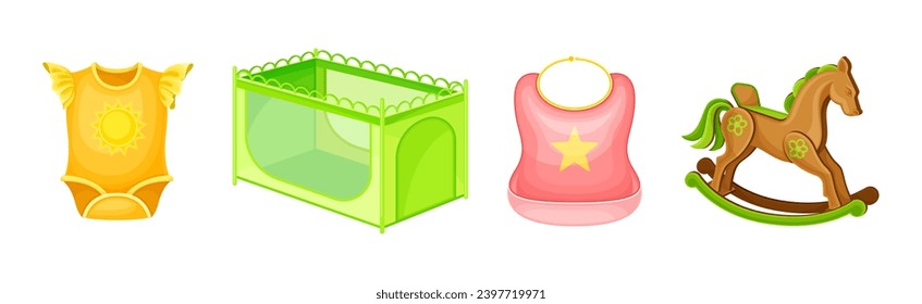 Baby Nursery and Infant Objects with Rocking Horse, Body Wear, Bib and Play Pen Vector Set