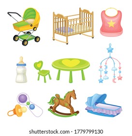 Baby Nursery Objects with Hanging Toy and Baby Carriage Vector Set