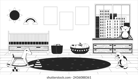 Ilustración de línea en blanco y negro de la habitación del bebé. Cuna cama, alfombra de piso redondo 2D interior de fondo monocromo. Pared de carteles en blanco. Juguetes para niños. Imagen vectorial de escena de contorno de habitación infantil