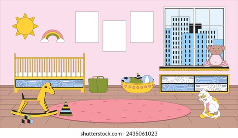 Ilustración plana de dibujos animados de la habitación del bebé. Cuna cama, alfombra de piso redondo 2D línea interior colorido fondo. Pared de carteles en blanco. Juguetes para niños. Imagen de narración vectorial de escena de habitación infantil