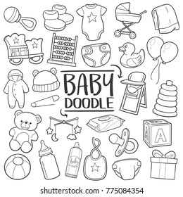 Baby Nursery Traditional Doodle Icons Sketch Hand Made Design Vector New Born.