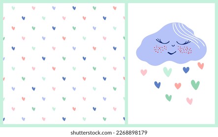 Juego de vectores para lactantes. Las nubes durmientes y los corazones llueven y el fondo de un patrón impecable con coloridos corazones arcoiris. Huellas para ropa de bebé, textiles, papel pintado.