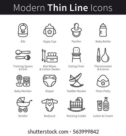 Baby Nursing And Health Care Products Thin Line Art Icons. Newborn Toddler Care, Hygiene. Linear Style Illustrations Isolated On White.