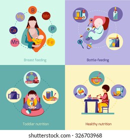 Baby Nutrition Design Concept Set With Breast Feeding Flat Icons Isolated Vector Illustration