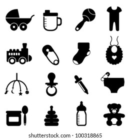 Baby objects icon set in black