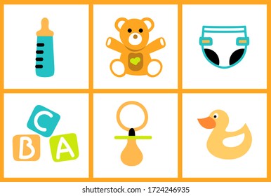 Baby objects icons. Image of a teddy bear, a bottle, a pacifier, rubber duck, a diaper, a baby carriage and a letter toy. Funny icons.