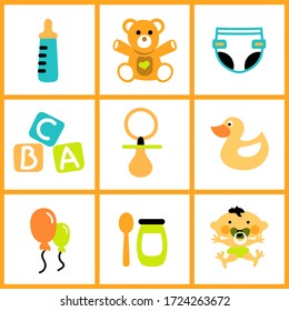 Baby objects icons. Image of a teddy bear, a bottle, a pacifier, rubber duck, a diaper, food, ballon, a baby carriage and a letter toy. Funny icons.