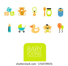 Baby objects icons. Image of a teddy bear, a bottle, a pacifier, rubber duck, a diaper, food, ballon, a baby carriage and a letter toy. Funny icons.