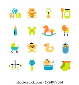 Baby objects icons. Image of a teddy bear, a bottle, a pacifier, rubber duck, a diaper, food, rattle, socks, rocker, shower, clothes, ballon, a baby carriage and a letter toy. Funny icons.