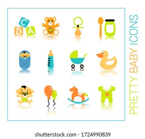 Baby objects icons. Image of a teddy bear, a bottle, a pacifier, rubber duck, a diaper, food, rattle, socks, rocker, shower, clothes, ballon, a baby carriage and a letter toy. Funny icons.