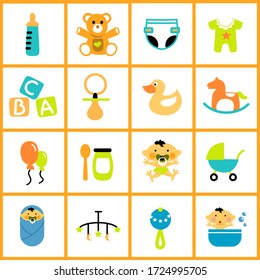 Baby objects icons. Image of a teddy bear, a bottle, a pacifier, rubber duck, a diaper, food, rattle, socks, rocker, shower, clothes, ballon, a baby carriage and a letter toy. Funny icons.