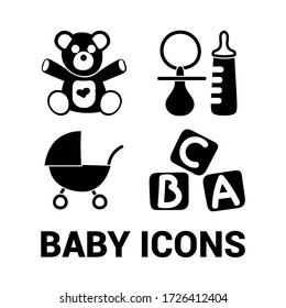 Baby objects icons. Image of a teddy bear, a bottle, a pacifier, a diaper, a baby carriage and a letter toy. Funny icons.