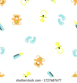 Baby objects pattern. Image with teddy bear, bottle, feets and pacifier. Fun image to edit and decorate.