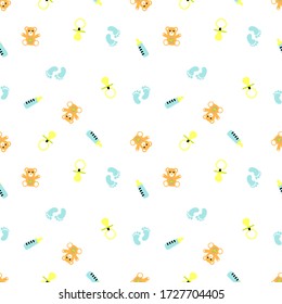 Baby objects pattern. Image with teddy bear, bottle, feets and pacifier. Fun image to edit and decorate.