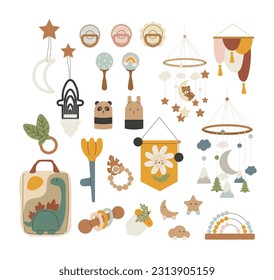 Baby objects in scandinavian style. Rattles and pacifiers, apron and hanging toys. Comfort and coziness in nursery, decor. Cartoon flat vector collection isolated on white background