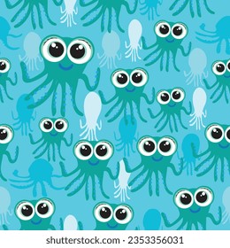 Baby octopus with huge eyes seamless pattern; swarm of jellyfish