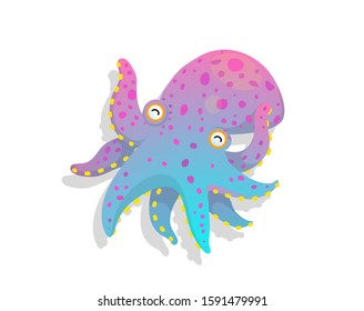 Baby Octopus kids aquatic character cartoon isolated on white. Humour and naive picture of childlike fun octopus underwater animal vector watercolour style drawing.
